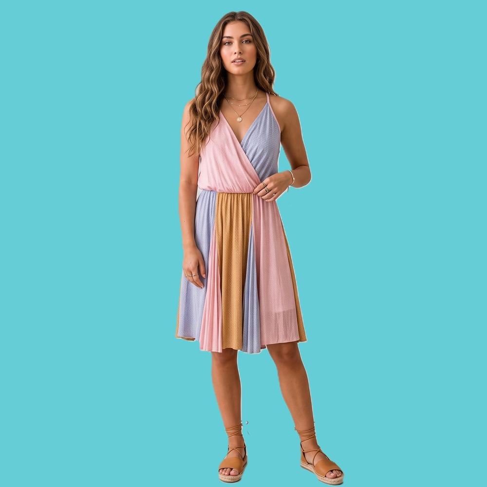 NWT SugarFox Colorblock Floral Mini Dress Surplice V-Neck Cottagecore Large